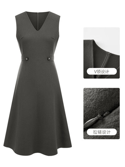 羊毛背心连衣裙秋冬新款气质流行简约修身V领双面呢A字长裙子显瘦