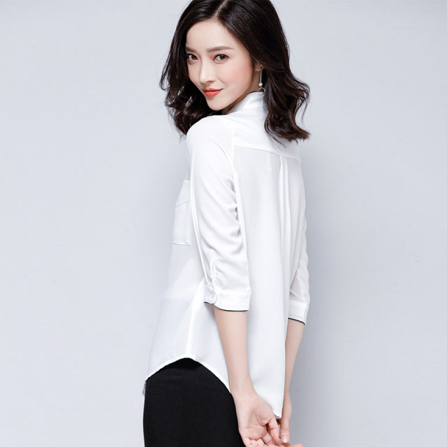 White shirt women's mid-sleeve 2022 spring Korean version loose professional women's chiffon shirt top three-quarter sleeve shirt summer