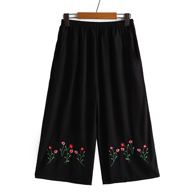 Elderly Women's Summer Elastic Cropped Pants, Loose-Fitting Embroidered Pants for Middle-Aged Mothers, Loose Wide-Leg Pants for 50-Year-Old Grandmothers