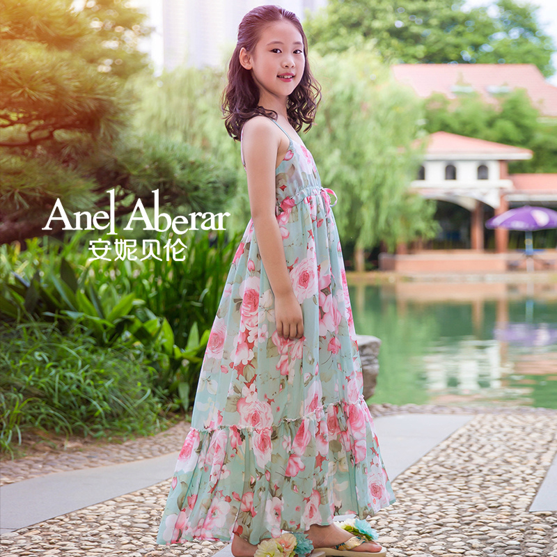 Girls Dress 2021 New Summer Parent-Child Chiffon Long Skirt Flower Sling Beach Skirt