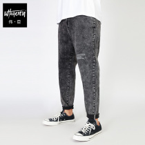 Wechen large size mens spring denim trousers fat loose straight jeans fat guy slim big snowflake pants