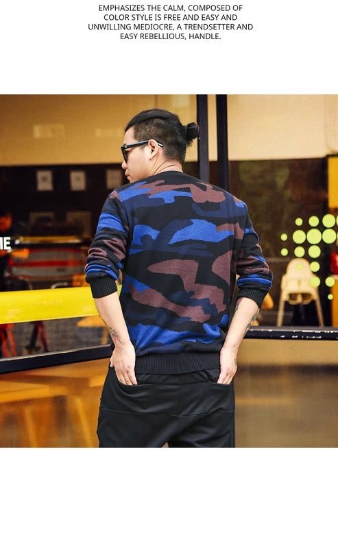 Wei Chen Tide thương hiệu áo len ngụy trang nam cỡ lớn cộng với phân bón để tăng đầu áo len đan chất béo mùa thu và quần áo mùa đông áo thun nam