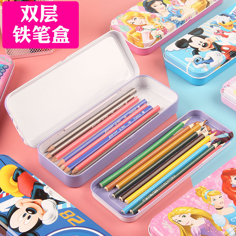 Elementary school children's iron sheet pencil case Double-layer pencil case cute cartoon Mickey Pencil cartridges Multiplicative stomp Table Han version Stationery Prizes Children's Holiday Gift Kindergarten Lead Pencil Case Iron