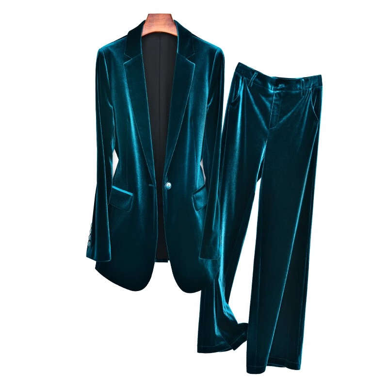 Spring New Style Peacock Blue Velvet Fashion Slim-Fit Single Suit Versatile Commuting Plus-Size Professional Suit for Women