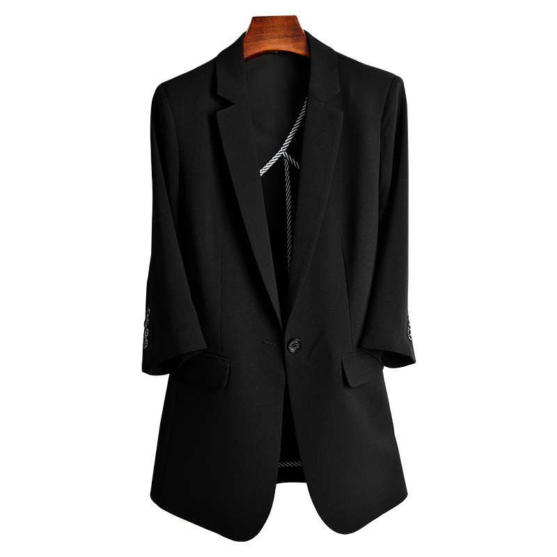 Summer Thin Black Blazer for Women, Elegant Short Style for Commuting, Three-Quarter Sleeves, Single Button, Slim Fit Women's Suit Jacket