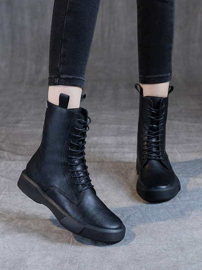 Martin Boots for Women 2025 New Mid-Calf Boots British Style Retro Fleece-Lined Winter Shoes Cowhide Winter Flat Boots