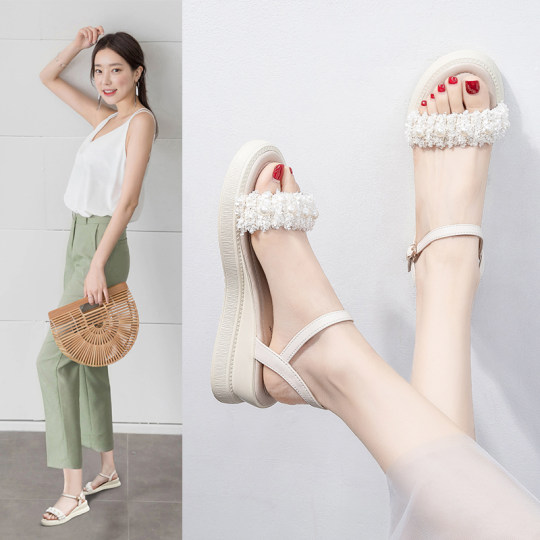 Sandals 2024 women's new summer fashion fashion pearl shoes fairy style flat French style summer style women's shoes