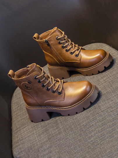 Women's Leather Shoes, British Style Martin Boots, Make Feet Look Smaller, 2025 New Thick-Soled Chunky Heel Autumn Short Boots, Winter Fleece-Lined