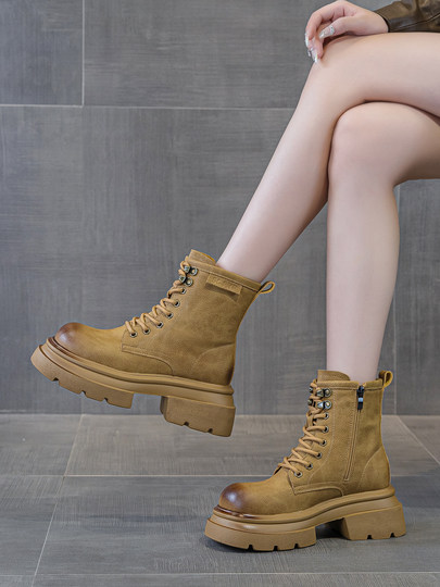 Thick-Soled Martin Boots for Women 2025 New Winter British Style Chunky Heel Short Boots Retro Round Toe Mid-Calf Fleece-Lined Yellow Boots