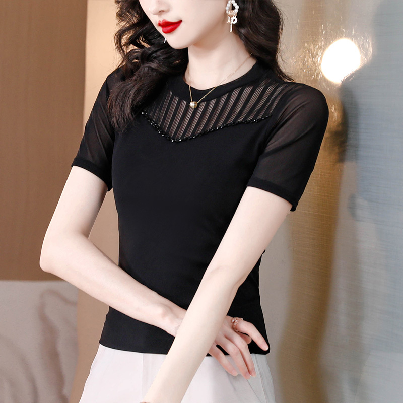 2026 Summer New Lace Top Women's Base Shirt Slim Fit Versatile Black Slimming Short Sleeve Mesh T-Shirt Stylish