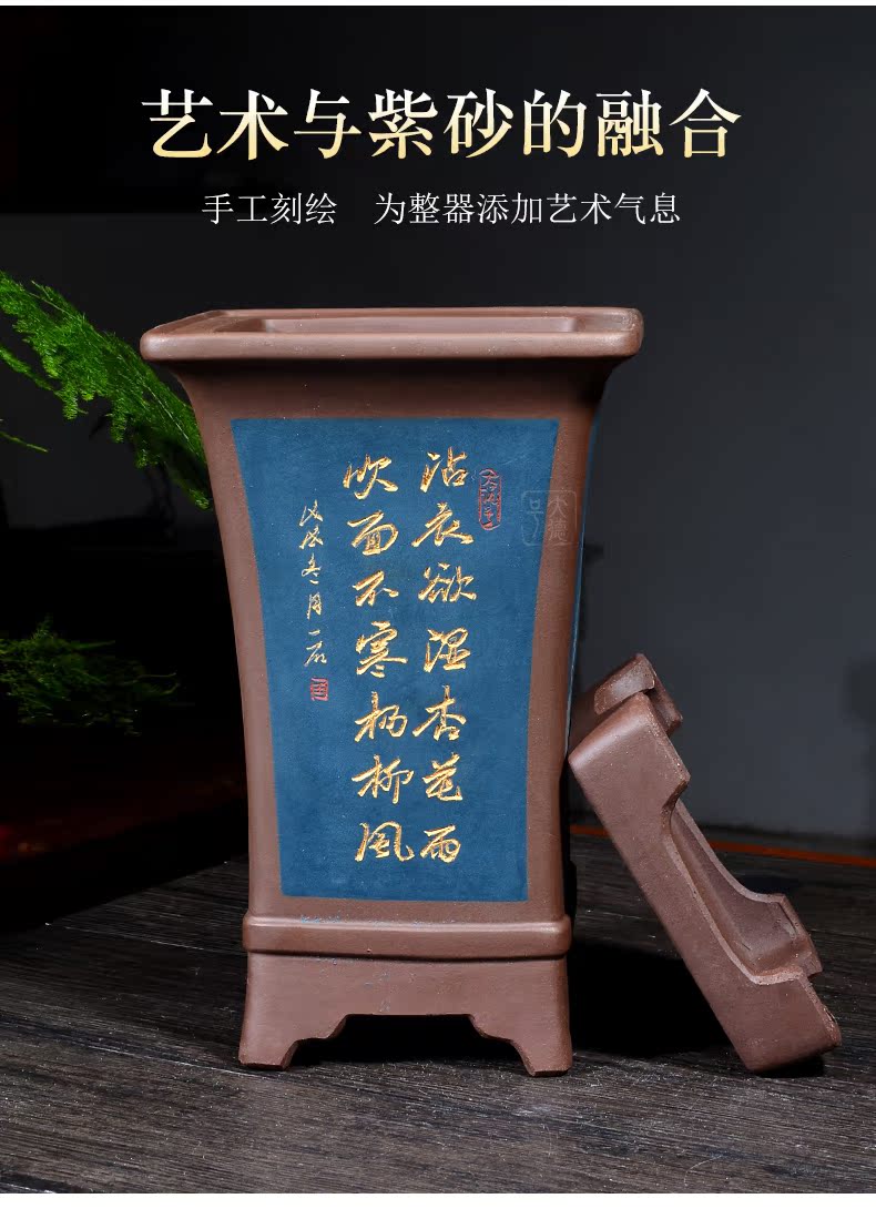 Greatness, square yixing purple sand flowerpot with tray was carved painting batter miniascape green plant orchid clivia is special