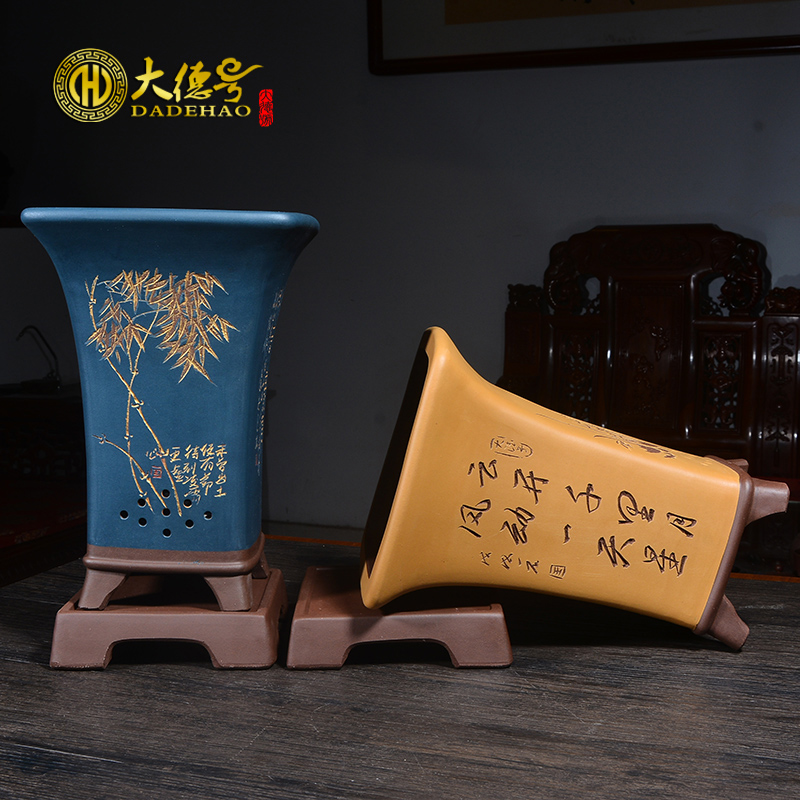 Greatness, sifang carved clivia basin ink painting with tray yixing purple sand flowerpot orchid LanJianLan bluegrass is special
