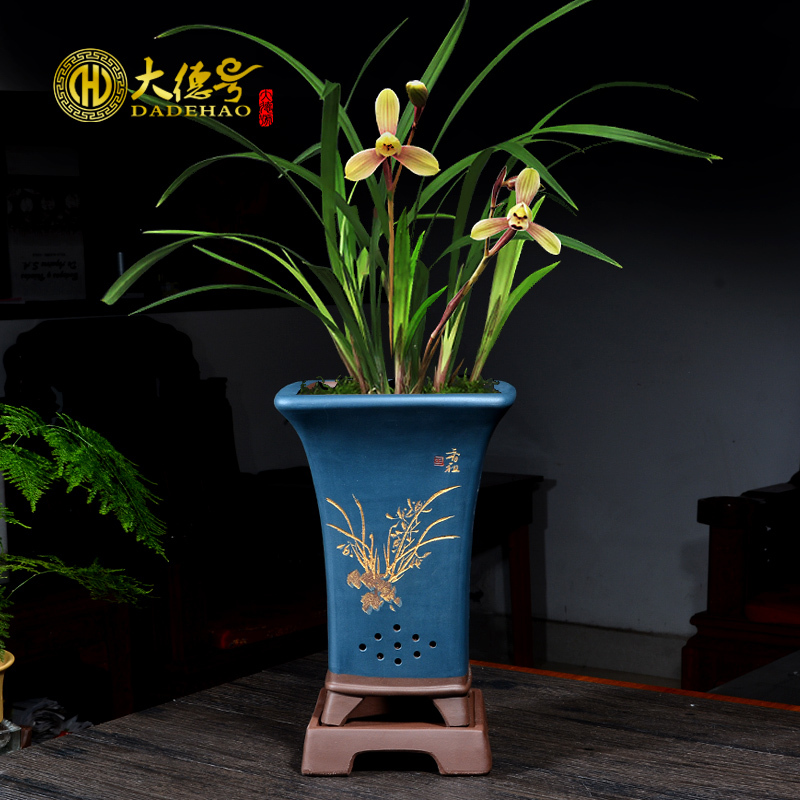 Greatness, sifang carved clivia basin ink painting with tray yixing purple sand flowerpot orchid LanJianLan bluegrass is special