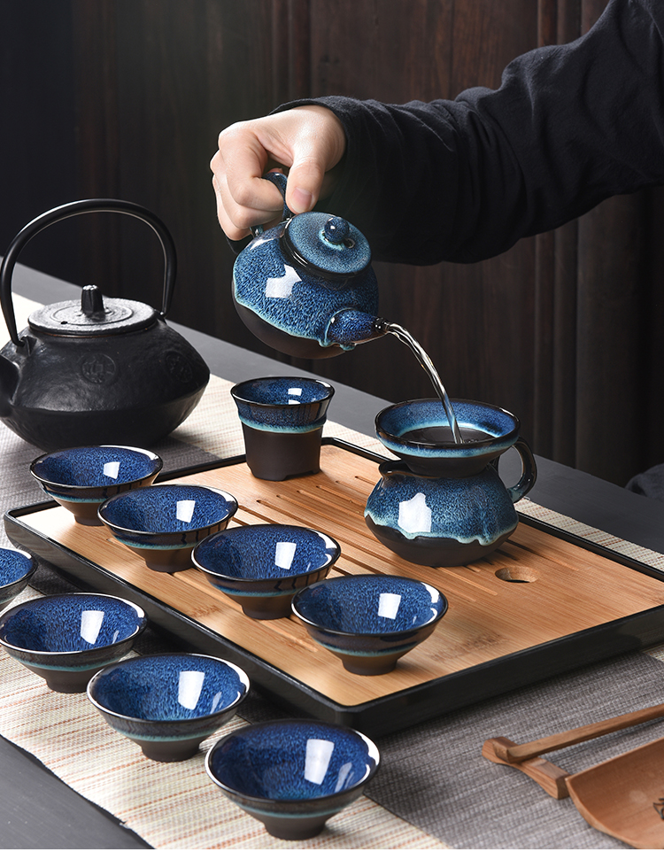 T the build of a complete set of lamp up ceramic temmoku droplets blue amber glaze sample tea cup cup teapot kung fu tea set