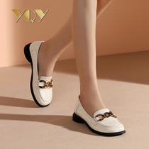 Beige womens single shoes 2021 Spring and Autumn New Round Head flat lofford shoes Children soft leather coarse heel leather womens shoes