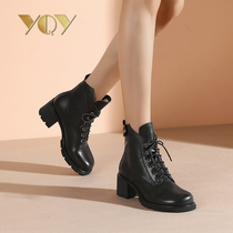 Leather Martin boots female thick-soled boots 2021 autumn and winter New thick heel lace-up womens boots black high-heeled short boots women