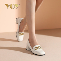 Womens shoes 2021 autumn new shoes womens European and American deep mouth single shoes square head Middle heel thick heel a pedal leather shoes women