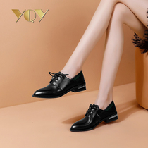 Black small leather shoes womens 2021 autumn new all-around low thick heel English lace shoes womens single shoes flat shoes