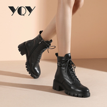 Leather high heel boots women 2021 autumn and winter New thick-soled coarse-heeled pine cake boots children lace up Black Martin boots