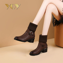 Midsize boots Womens coarse heel boots 2021 autumn and winter new brown leather knitted warm wool tube plus velvet womens boots