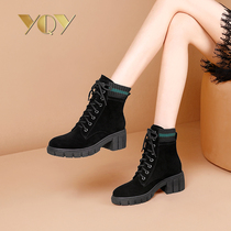 Thick soled boots children 2021 autumn and winter New Round Head short boots middle heel frostsand leather plus velvet women shoes rough heel Martin boots