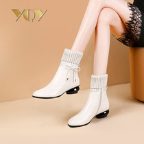 Boots 2021 autumn and winter new leather skinny boots Joker heels White plus velvet warm boots women