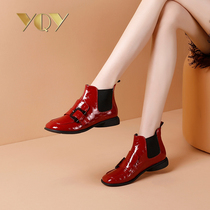 Womens shoes autumn and winter 2020 new fashion red flat shoes boots Womens thick heel single boots Joker round small short boots