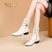 Beige white boots Women 2020 winter New thin Joker knit wool boots thick heel boots female