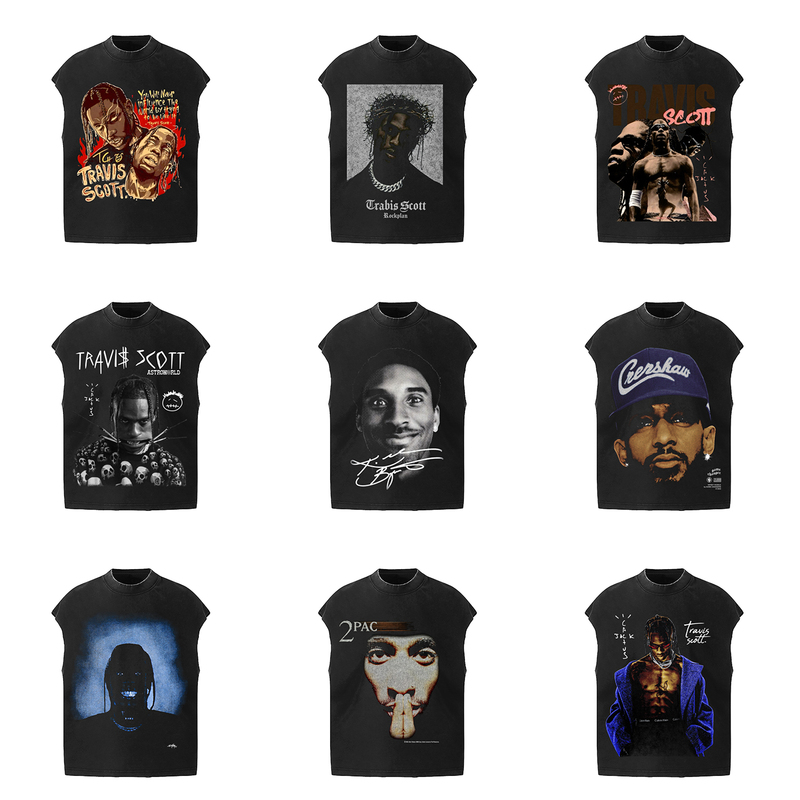 Travis Scott American Retro Character Print Hip-Hop Rap Sleeveless T-Shirt Heavy Distressed Vest