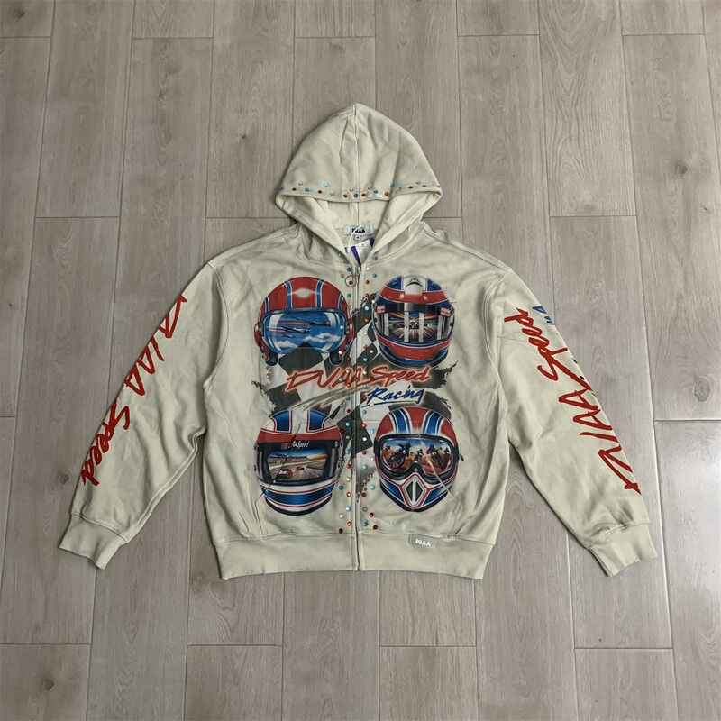 Duaa Velocity Washed Hoodie Racing Style Distressed Rhinestone Printed Cardigan Hooded Sweatshirt