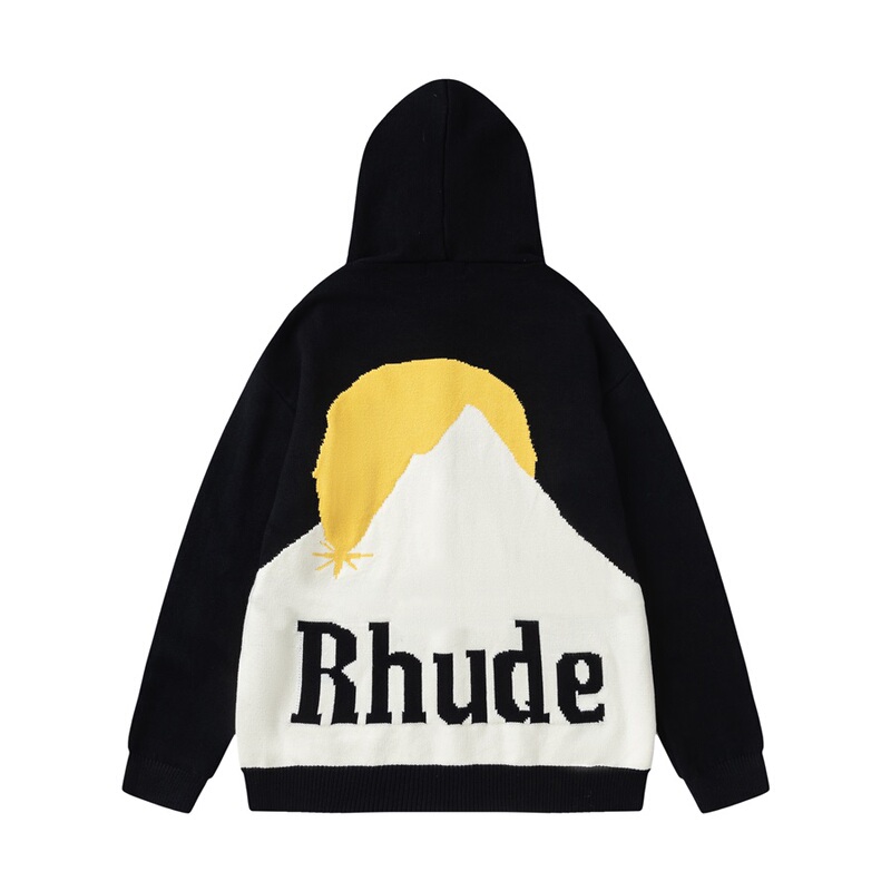 Rhude American-Style Letter Jacquard Hooded Cardigan Jacket High Street Retro Loose Sweater High-End Knitwear Trendy