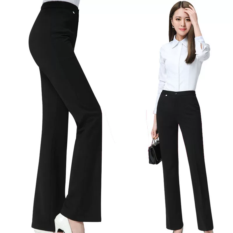 Black elastic fitted trousers for work, loose straight fit, high waist, elastic waist