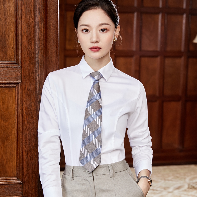 White Shirt for Women, Long-Sleeved, Pure Cotton, Wrinkle-Free, High-End, Professional Formal Wear, Blue Cotton Work Clothes, White Shirt with Tie
