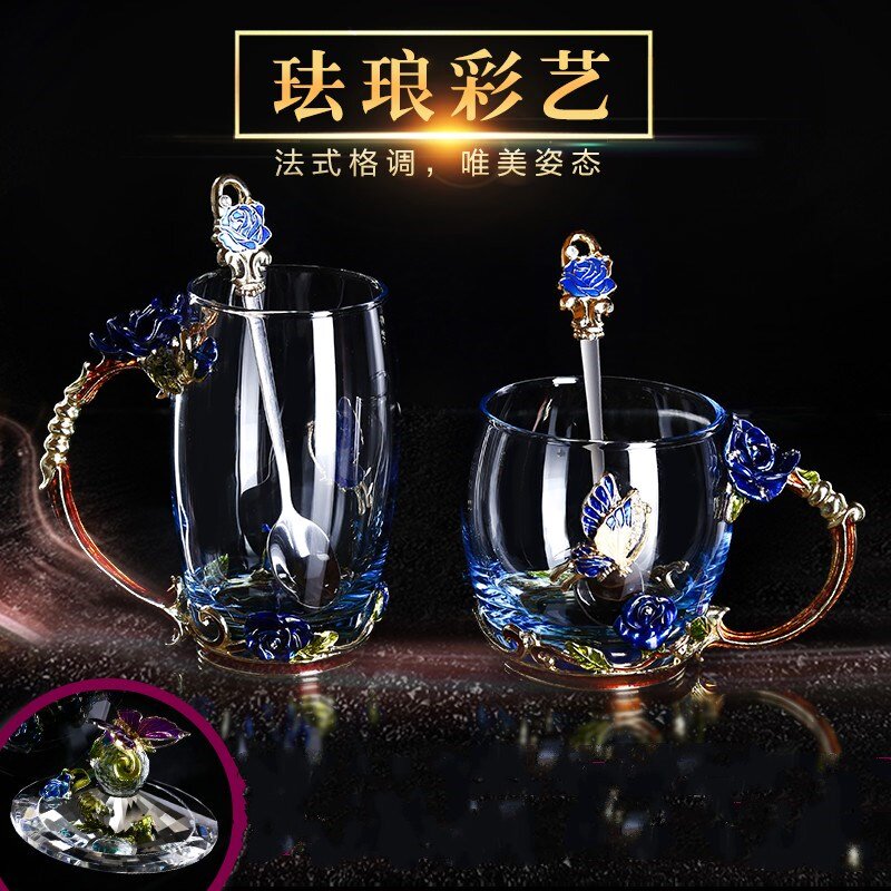 Household tea cup enamel color water cup ladies creative trend tea drinking crystal glass cup with beautiful cup