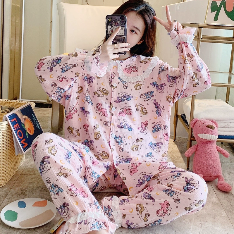 Bộ đồ ngủ bằng vải cotton tinh khiết hoạt hình phụ nữ mang thai bộ đồ ngủ mùa xuân và mùa thu và mùa hè sau sinh quần áo giam giữ cho con bú và cho con bú đồ ngủ - Giải trí mặc / Mum mặc