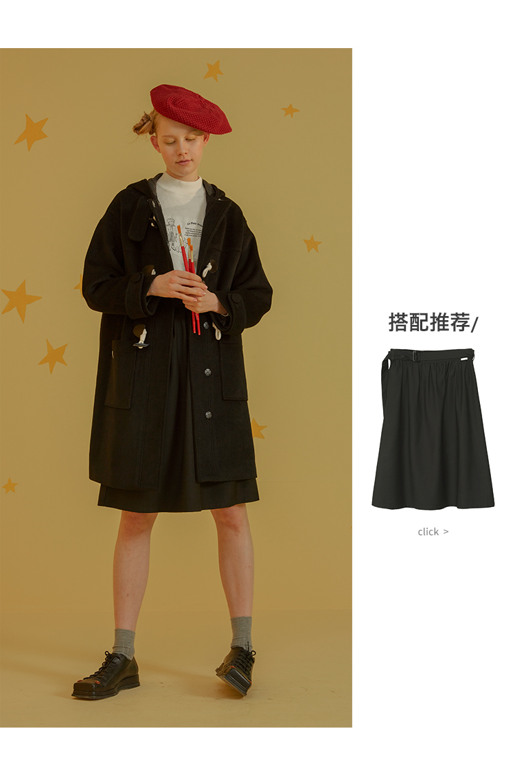 Omont trứng tart nhà retro lỏng đen trùm đầu sừng khóa áo len nữ áo khoác len mùa thu và mùa đông - Accentuated eo áo áo khoác măng tô kaki nữ