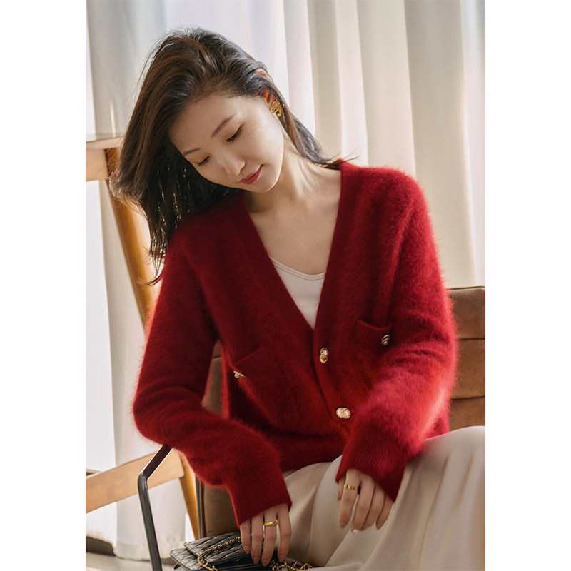 Sandro Moscoloni raccoon velvet red jacket female 2023 new small fragrance style high-quality knitted cardigan