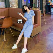 SANDRO MOSCOLONI2022 years Xias new one-piece dress with slim and small fresher striped blue dress