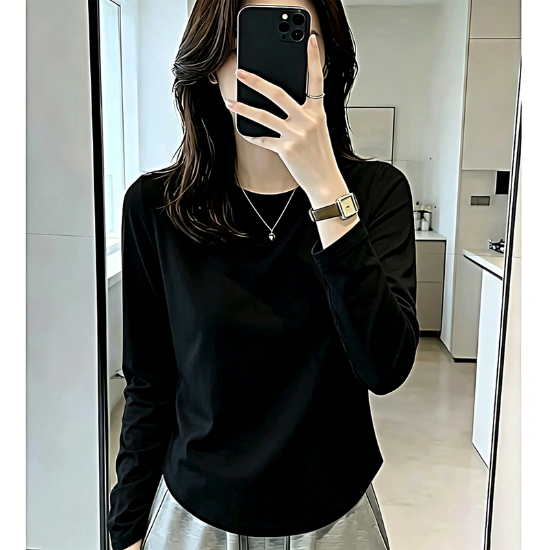 100% Pure Cotton Long-Sleeve T-Shirt for Women, New Autumn Korean Style, Petite Loose Minimalist Regular Shoulder Top, Round Neck Base Shirt 100% Pure Cotton Long-Sleeve T-Shirt for Women, New Autumn Korean Style, Petite Loose Minimalist Regular Shoulder Top, Round Neck Base Shirt