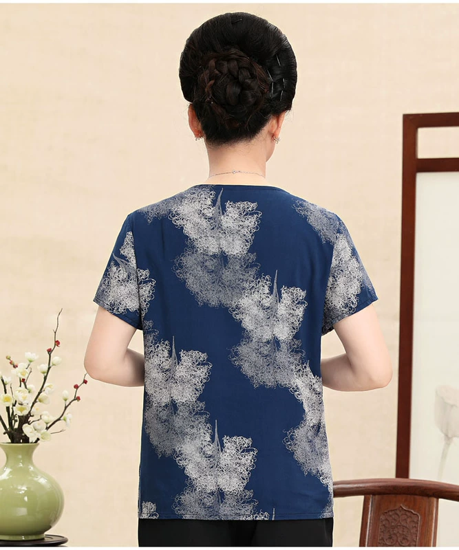 Áo sơ mi nữ trung niên và cao tuổi mùa hè mỏng mẹ áo thun cotton ngắn tay 60-70 tuổi 80 áo sữa mẹ cotton - Quần áo của mẹ