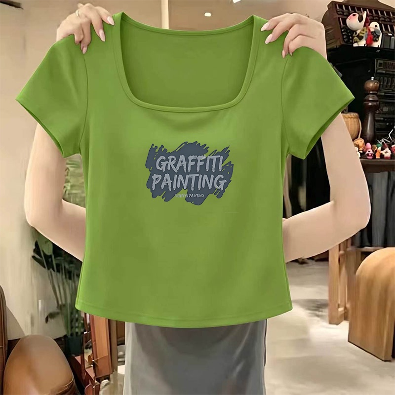 American-Style Cool and Spicy Niche Pure Cotton Short-Sleeve T-Shirt for Women, Sexy Square Neck, Clavicle-Exposing Short Top, Beautiful Fruit Green Inner Wear American-Style Cool and Spicy Niche Pure Cotton Short-Sleeve T-Shirt for Women, Sexy Square Neck, Clavicle-Exposing Short Top, Beautiful Fruit Green Inner Wear