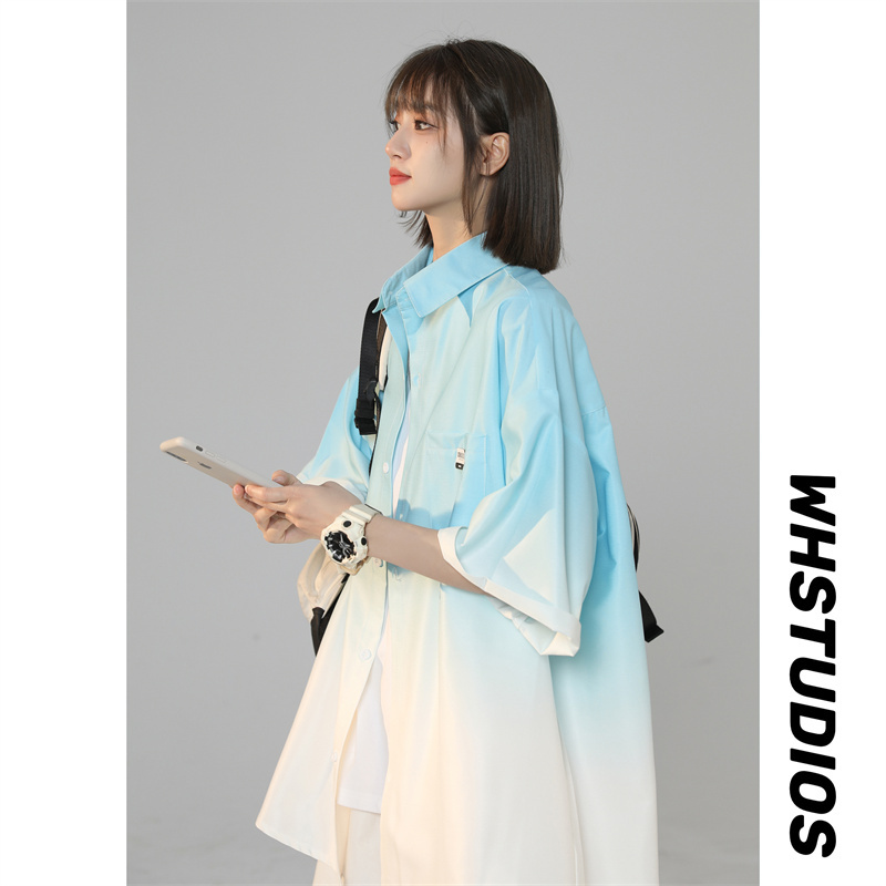 American-Style Gradient Ice Silk Short-Sleeved Shirt for Men, New Summer Trendy Brand, High-End Casual Sun Protection Shirt Jacket