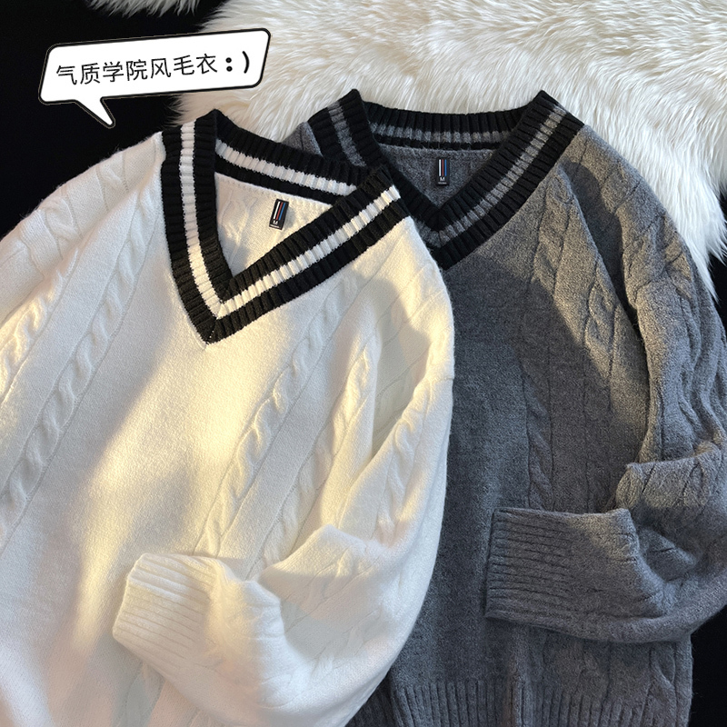 Long-Sleeved V-Neck Sweater for Men, Autumn and Winter Trendy Brand Couple Style, Lazy Style Oversize Men's Knitted Wool Sweater