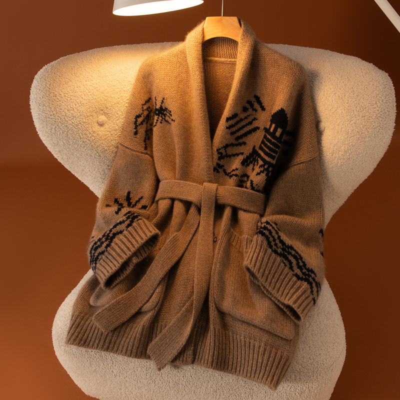 Heavy Jacquard! Thickened Belt Cashmere Cardigan for Women, European High-End Autumn and Winter Lazy Style Chunky Knit Sweater Coat Heavy Jacquard! Thickened Belt Cashmere Cardigan for Women, European High-End Autumn and Winter Lazy Style Chunky Knit Sweater Coat