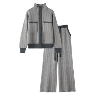 Autumn and Winter Thickened Zipper Pure Cashmere Sweater Knitted Cardigan Jacket Fashion Set Casual Wide-Leg Pants Two-Piece Set
