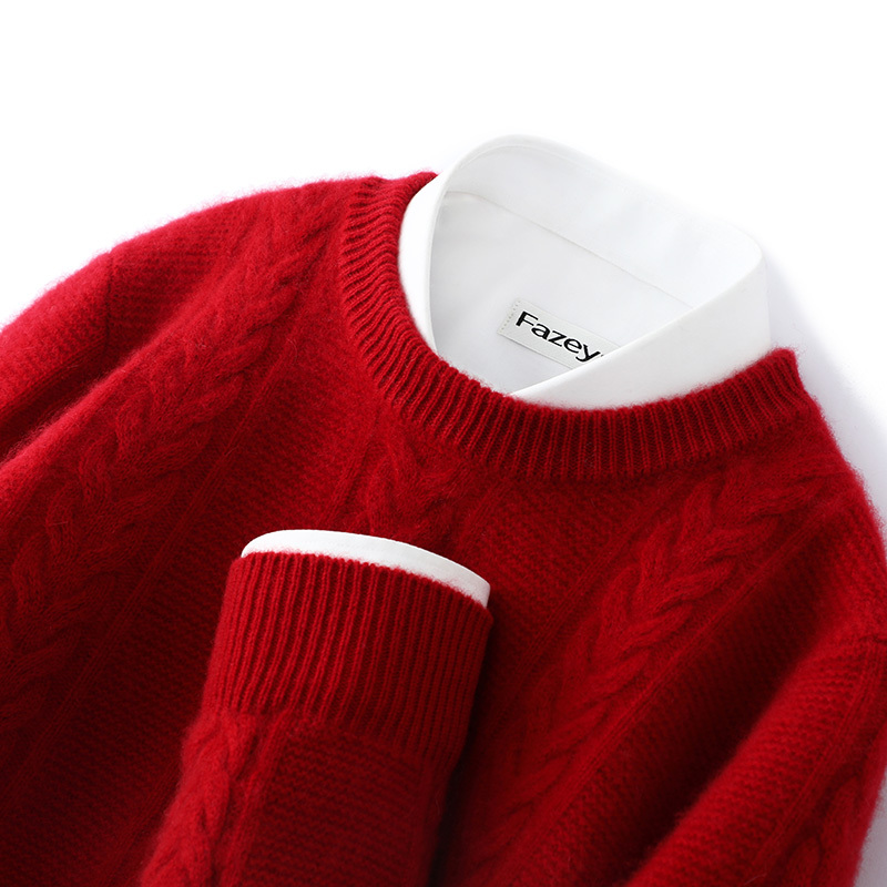 Red 100% Pure Wool Sweater, European High-End Thickened Base Layer for Autumn and Winter, New Year Men's Loose Cable Knit Cashmere Sweater