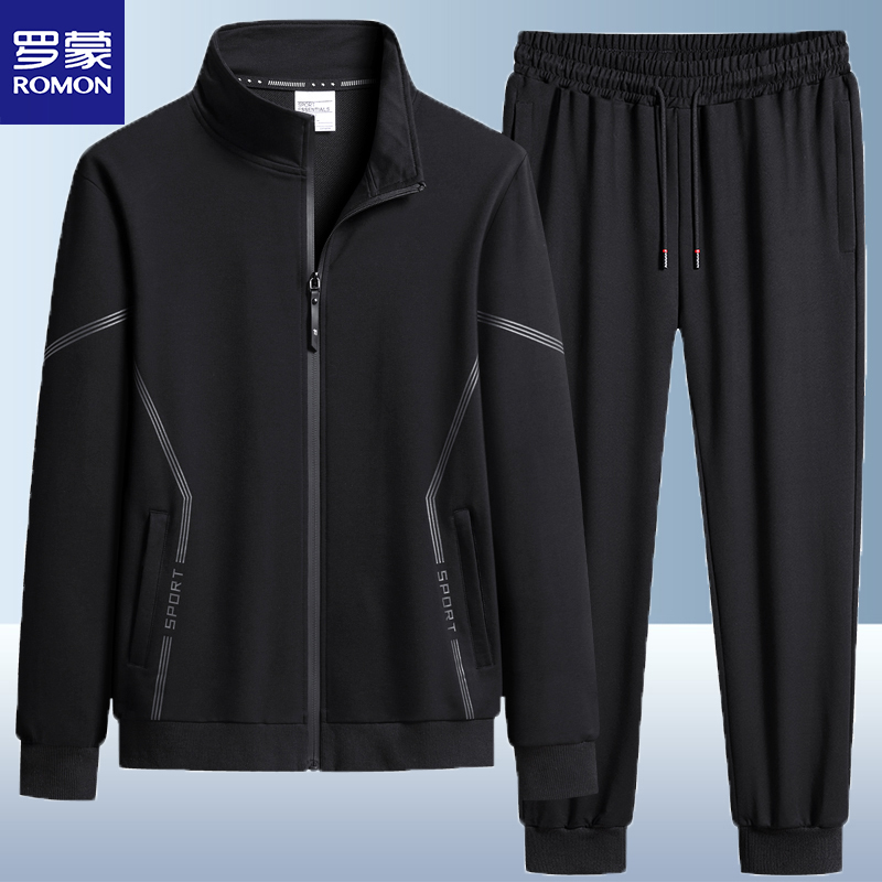 Romon Pure Cotton Casual Sports Suit Men's Business Large Size Spring and Autumn New Stand-Up Collar Cardigan Jacket Men's Two-Piece Set