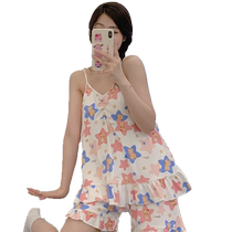 Pajamas with breast pads for women summer pure cotton suspenders cute cartoon thin internet celebrity style sleeveless sexy home wear set