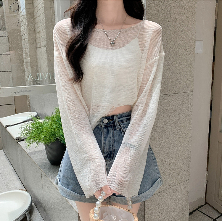 Hong Kong Style Ice Silk Short Knitted Sun Protection Blouse for Women, Summer Wear, Sheer Mesh See-Through Outerwear, Hollow-Out Top