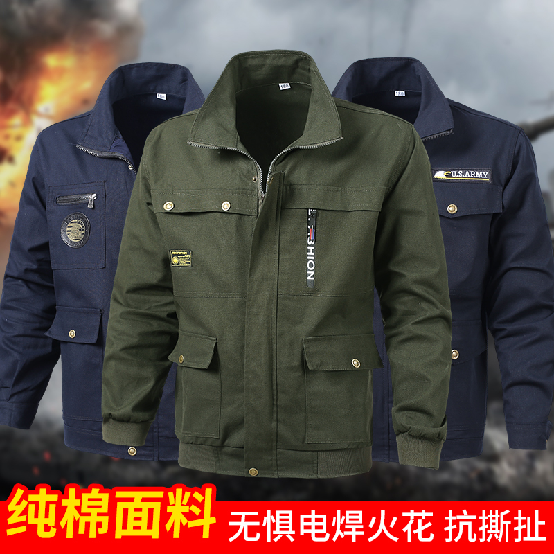 Workwear Jacket for Men, Pure Cotton, Durable, Anti-Scalding for Welders, Auto Repair Labor Protection Clothing, Thickened Spring and Autumn Long-Sleeve Jacket